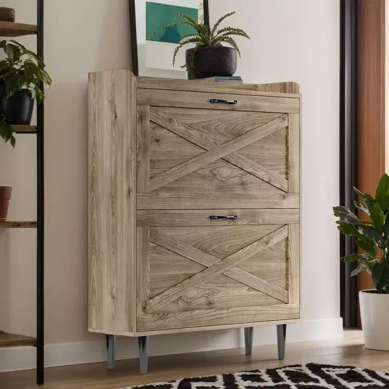 Scarpiera con anta a fienile in rovere grigio, 2 ribalte 1 divisorio, per 16 paia