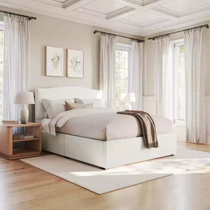 Martha Stewart Nyla Upholstered Platform Bed with Curved Nailhead Headboard and Footboard Storage Drawer, Wood Slat Foundation, No Box Spring Needed