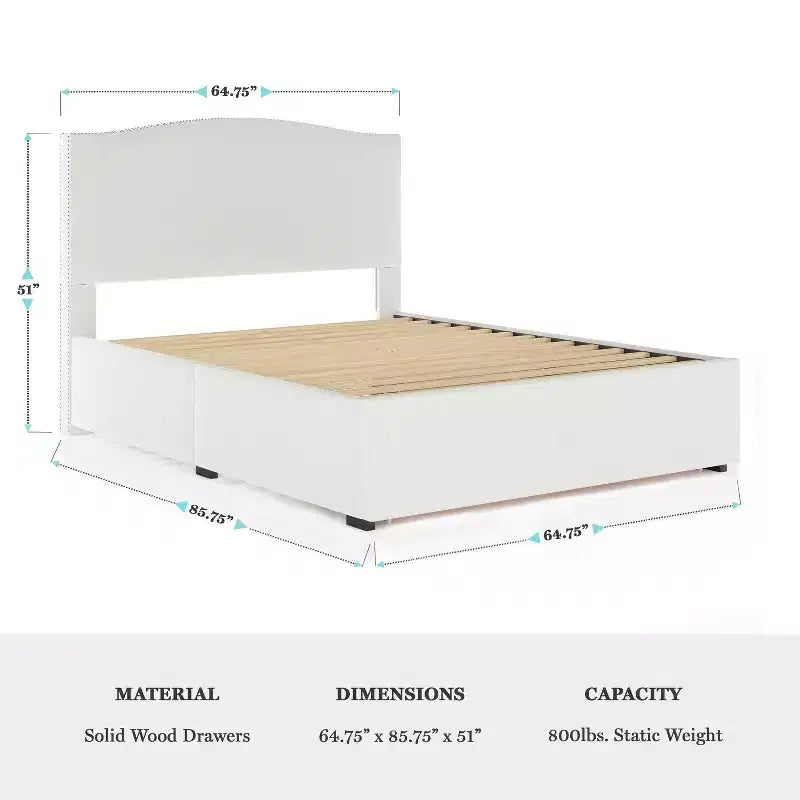 Letto a piattaforma imbottito Off-White con testiera borchiata e cassetti – Queen/King