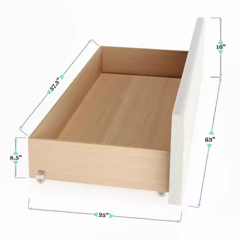 Letto a piattaforma imbottito Off-White con testiera borchiata e cassetti – Queen/King