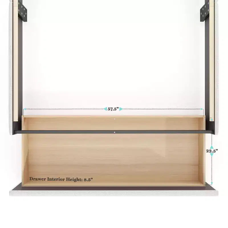 Letto a piattaforma imbottito Off-White con testiera borchiata e cassetti – Queen/King