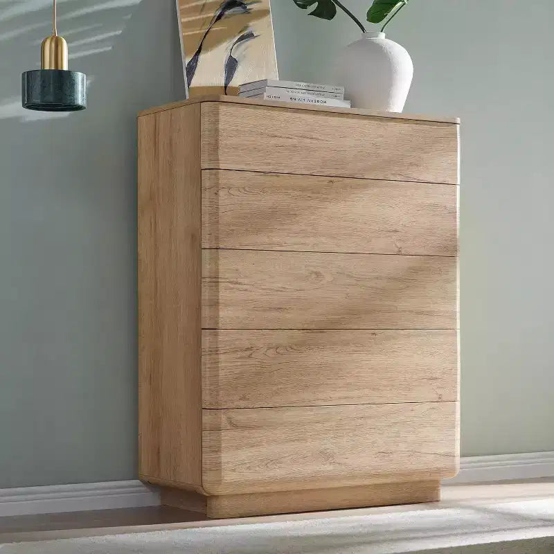Comò a 5 cassetti, Marrone / Rovere Naturale, Legno Ingegnerizzato, Montaggio per 2 Persone