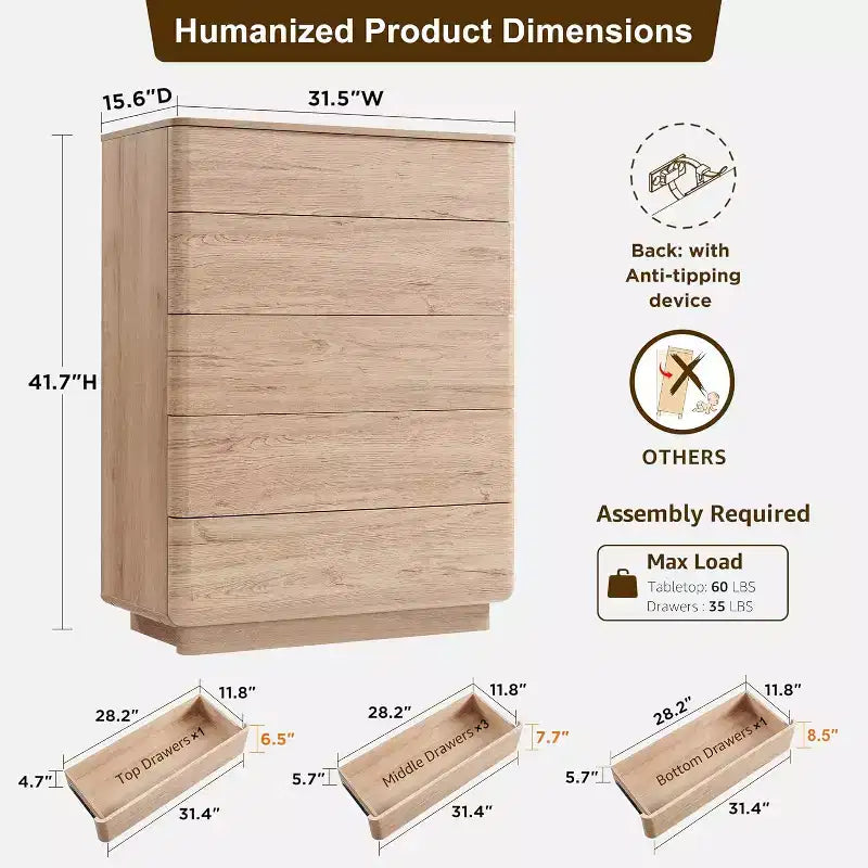 Comò a 5 cassetti, Marrone / Rovere Naturale, Legno Ingegnerizzato, Montaggio per 2 Persone