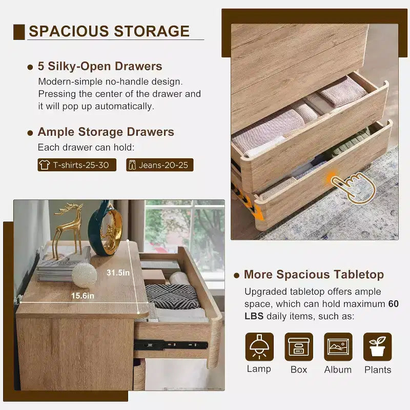 Comò a 5 cassetti, Marrone / Rovere Naturale, Legno Ingegnerizzato, Montaggio per 2 Persone