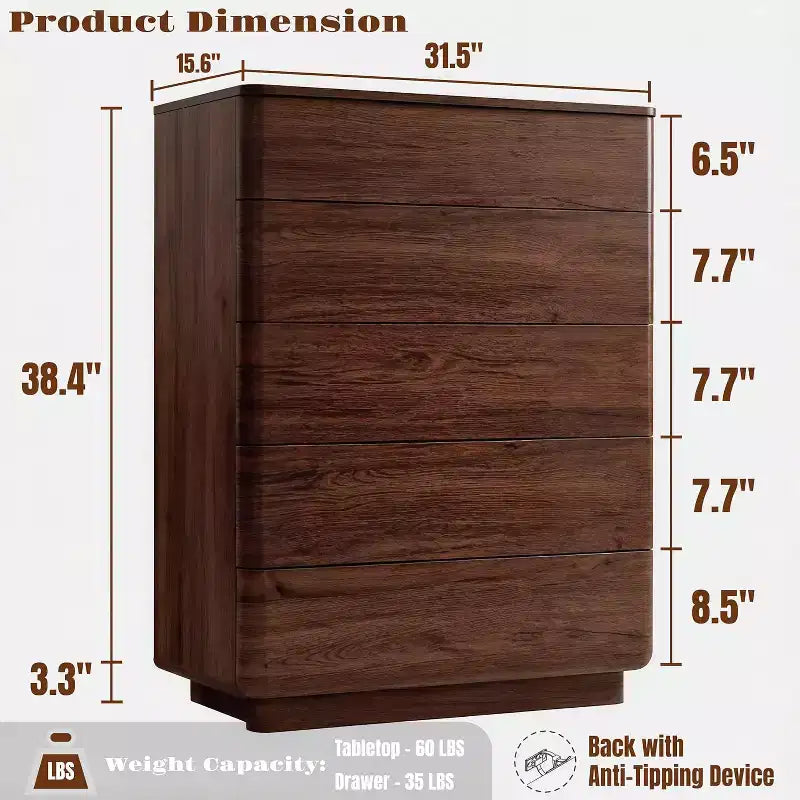 Comò a 5 cassetti, Marrone / Rovere Naturale, Legno Ingegnerizzato, Montaggio per 2 Persone