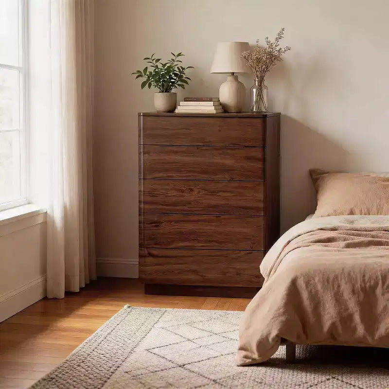 Comò a 5 cassetti, Marrone / Rovere Naturale, Legno Ingegnerizzato, Montaggio per 2 Persone