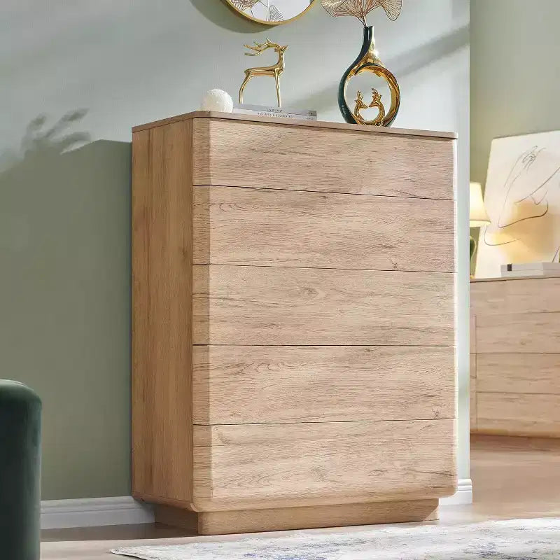 Comò a 5 cassetti, Marrone / Rovere Naturale, Legno Ingegnerizzato, Montaggio per 2 Persone