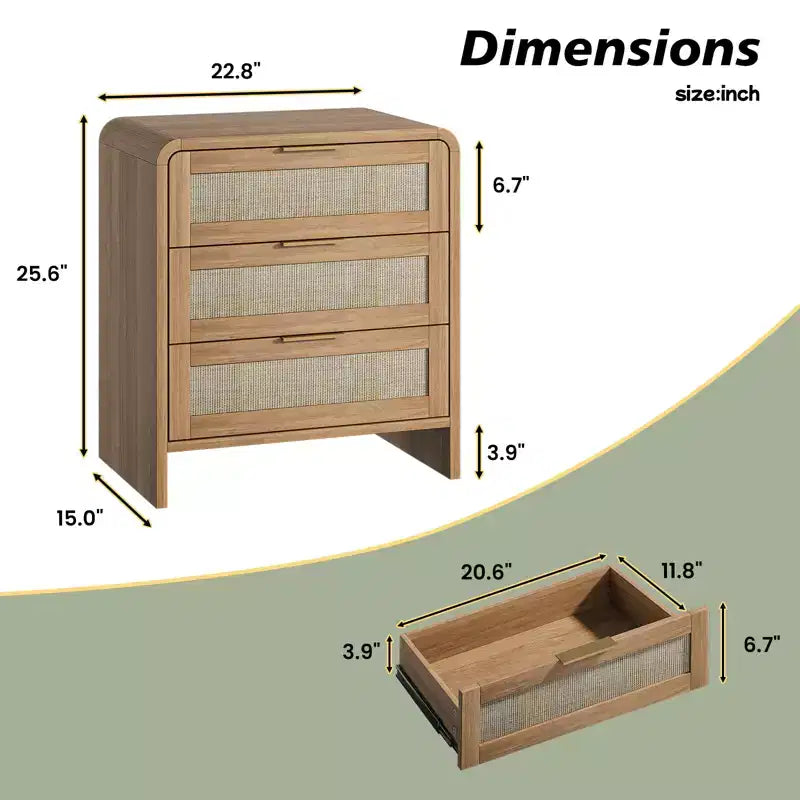 Comodino a 3 cassetti, beige, singolo