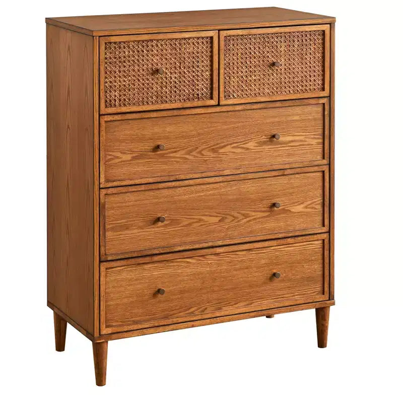 Cassettiera a 5 cassetti in rovere biondo, stile Mid-Century moderno con frontale in canna naturale