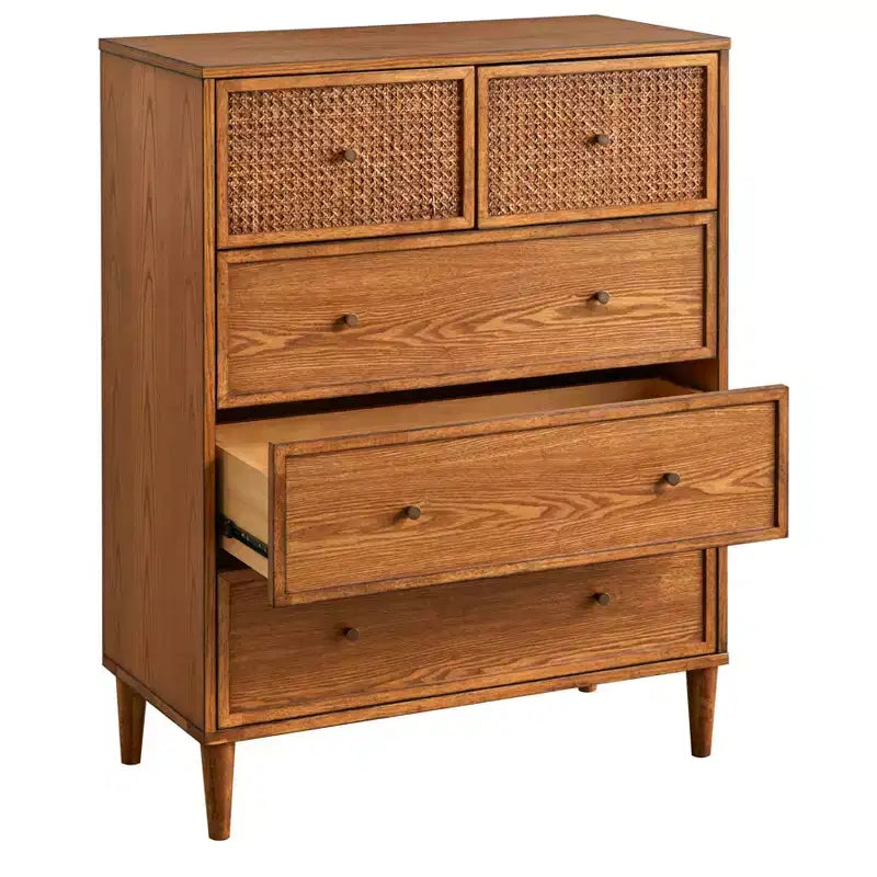 Cassettiera a 5 cassetti in rovere biondo, stile Mid-Century moderno con frontale in canna naturale