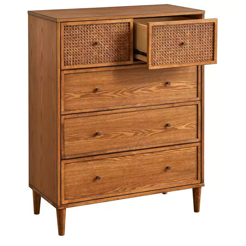 Cassettiera a 5 cassetti in rovere biondo, stile Mid-Century moderno con frontale in canna naturale