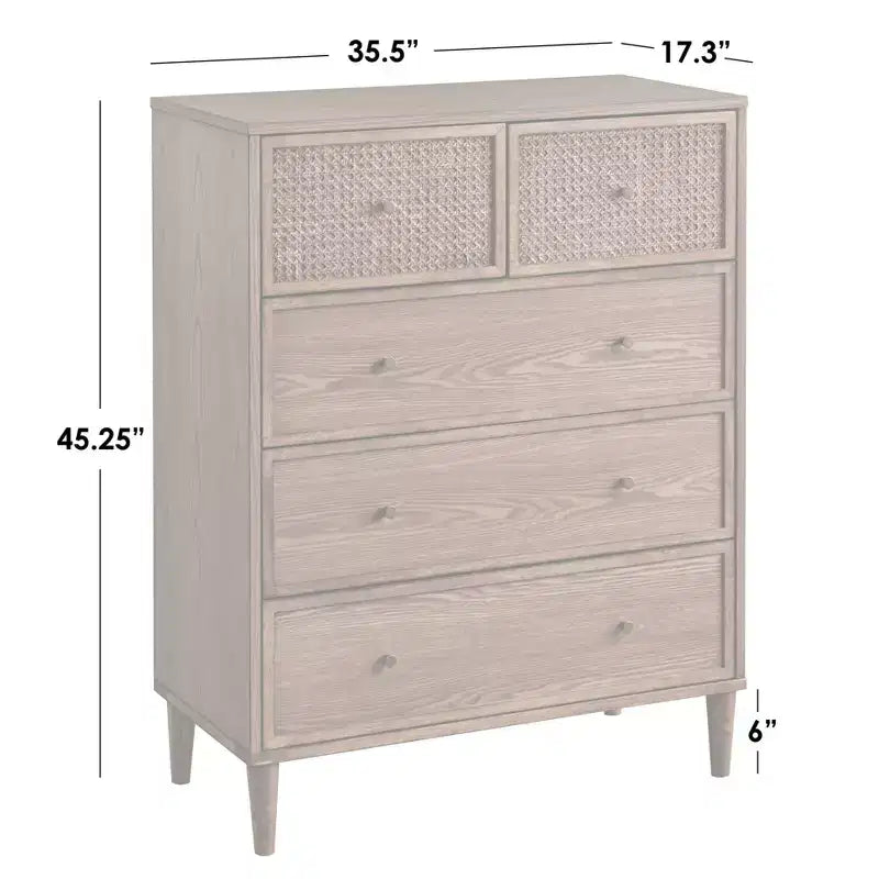 Cassettiera a 5 cassetti in rovere biondo, stile Mid-Century moderno con frontale in canna naturale