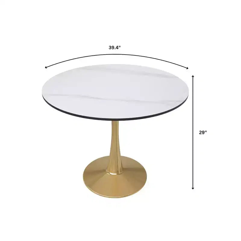 Tavolo da pranzo rotondo, bianco/nero, top in pietra sinterizzata, piedistallo dorato, 4 posti