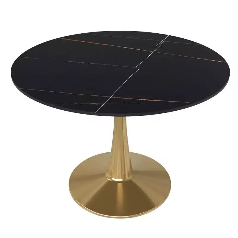 LeisureMod Bristol 40 Round Dining Table  Sintered Stone Top Accent Caf Table & Sturdy Steel Gold Pedestal Base for Kitchen and Small Spaces