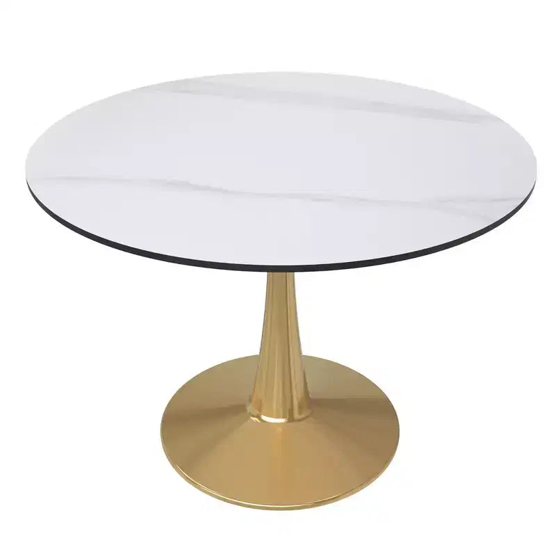 Tavolo da pranzo rotondo, bianco/nero, top in pietra sinterizzata, piedistallo dorato, 4 posti