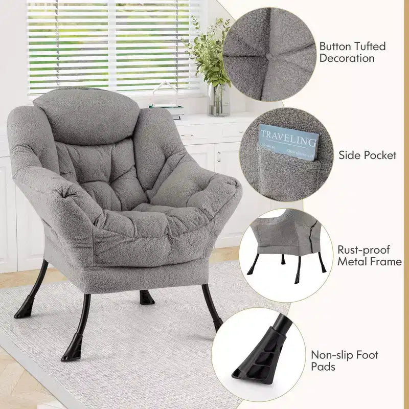 Poltrona da salotto capitonné beige/grigio/rosa con cuscino poggiatesta e braccioli – 1 posto