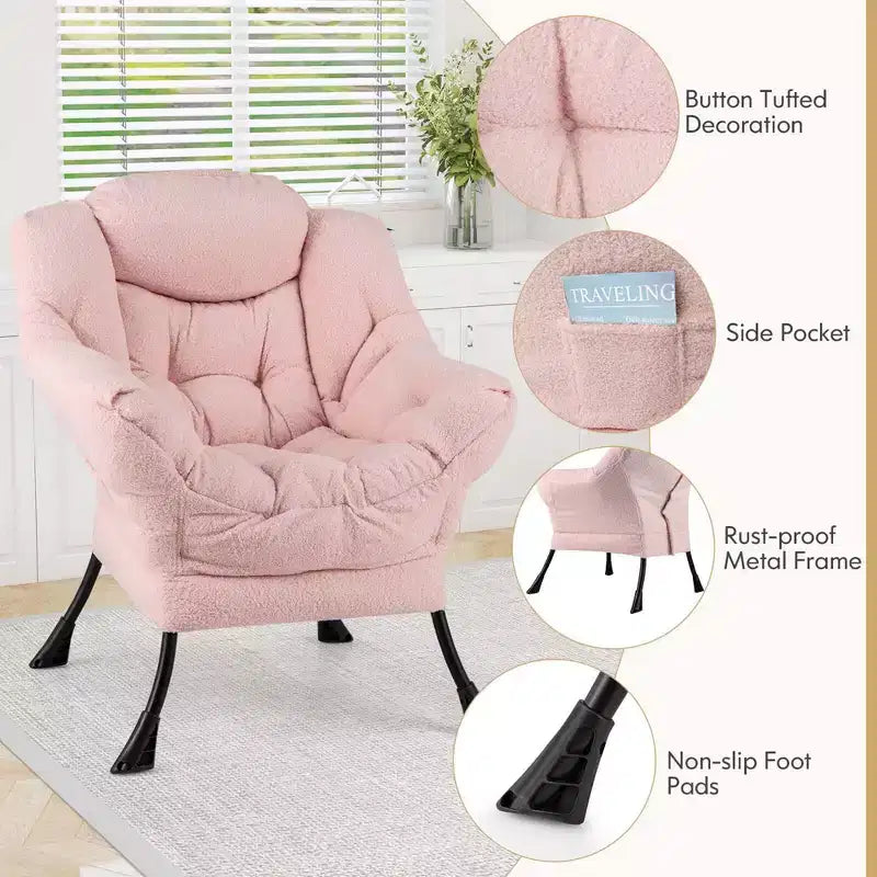 Poltrona da salotto capitonné beige/grigio/rosa con cuscino poggiatesta e braccioli – 1 posto
