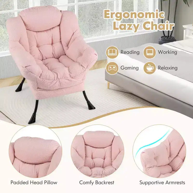 Poltrona da salotto capitonné beige/grigio/rosa con cuscino poggiatesta e braccioli – 1 posto