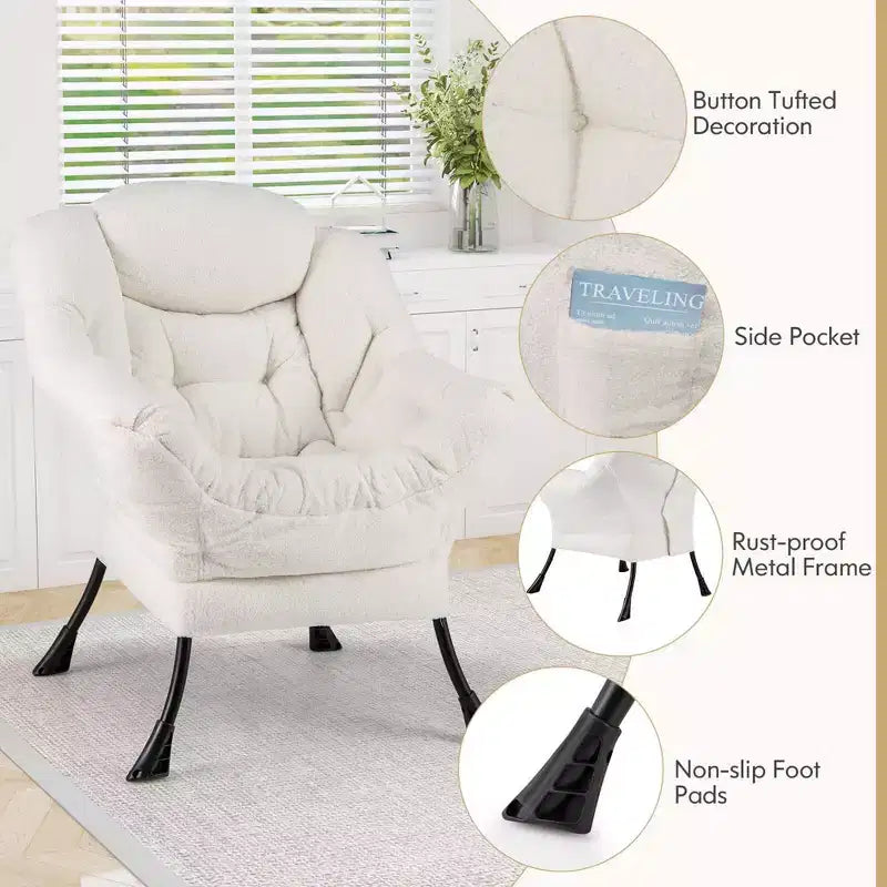 Poltrona da salotto capitonné beige/grigio/rosa con cuscino poggiatesta e braccioli – 1 posto