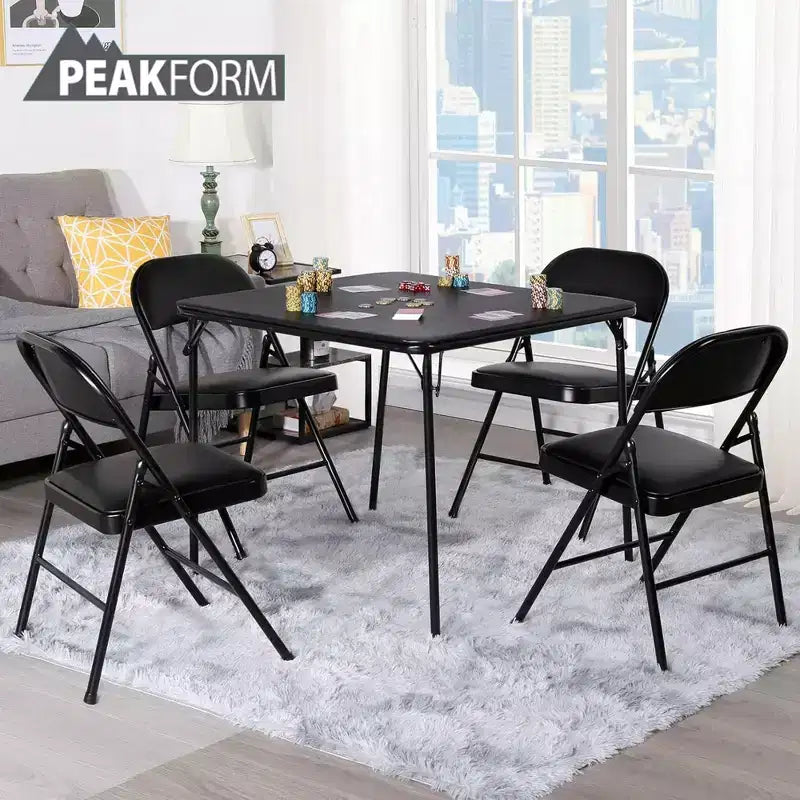 Set tavolo e sedie pieghevoli in vinile nero, 5 pezzi, 4 posti a sedere