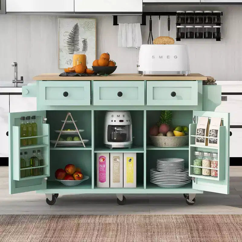 Isola da cucina nera / grigio-blu / verde menta / bianca con porta spezie e porta asciugamani, per 1 persona