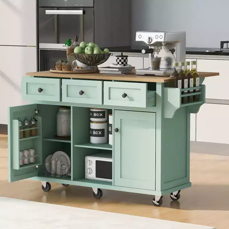 Isola da cucina nera / grigio-blu / verde menta / bianca con porta spezie e porta asciugamani, per 1 persona